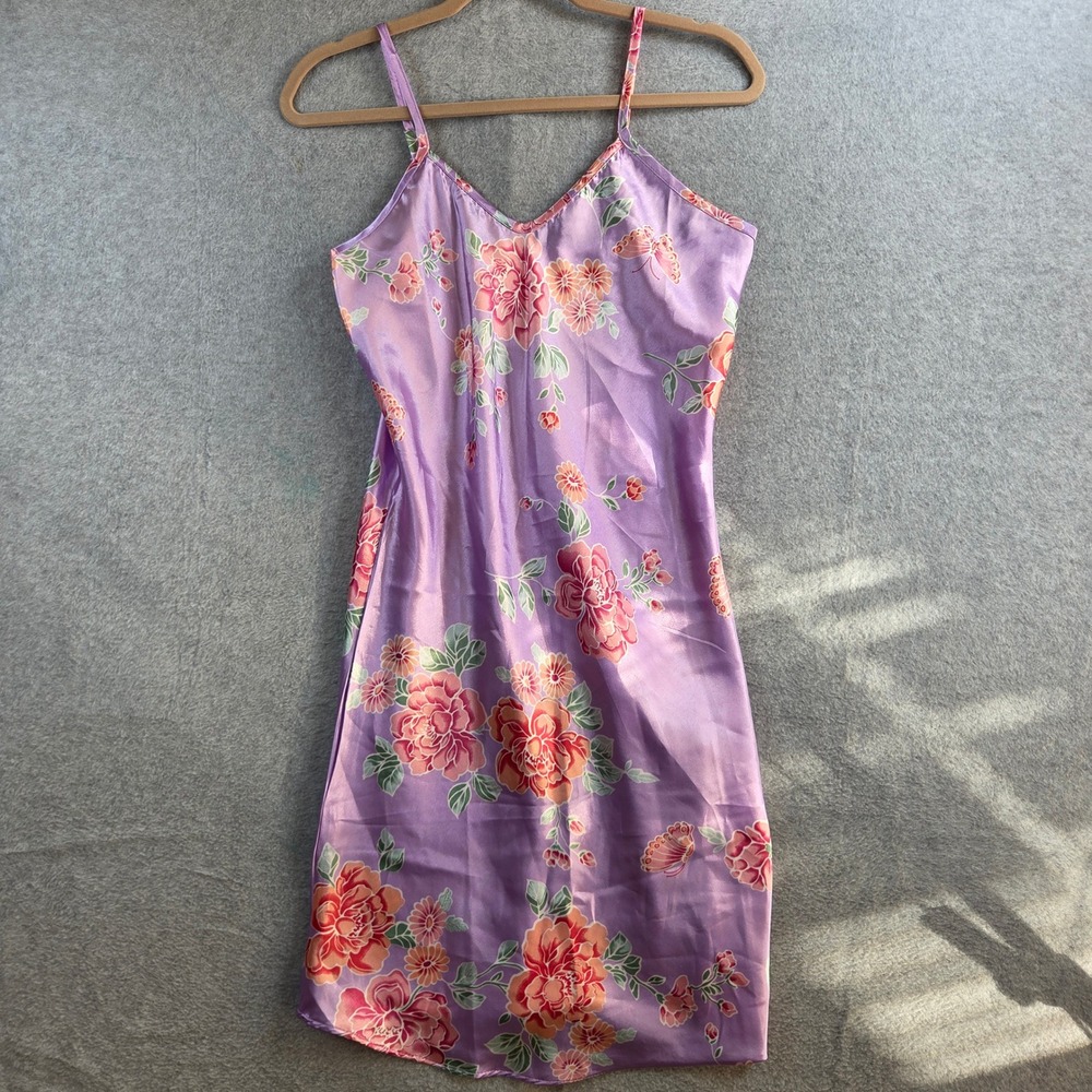 Cool Clothing Slip Dress Womens Medium Purple Floral Satin Chemise V-Neck